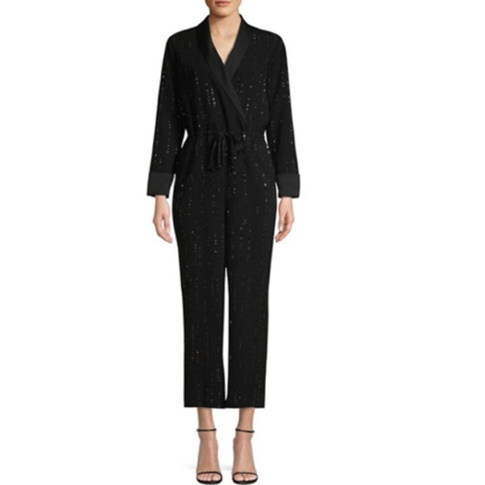 Trina Turk Tuxedo Celebration Beaded Drawstring Black Jumpsuit Romper NWOT 8